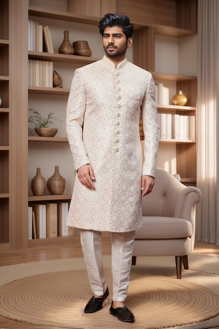 Arihant Rai Sinha_Cream Jacquard, Silk Sequins, Embroidery Floral Jaal Pattern Sherwani With Pant _Online_at_Aza_Fashions