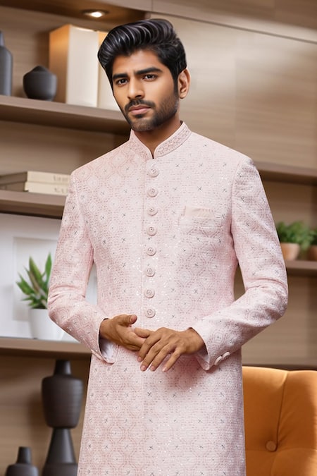 Arihant Rai Sinha_Pink Jacquard, Faux Leather, Silk Sequins, Embroidery Floral Jaal Sherwani Set _Online_at_Aza_Fashions