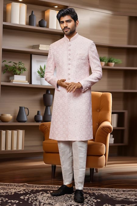 Buy_Arihant Rai Sinha_Pink Jacquard, Faux Leather, Silk Sequins, Embroidery Floral Jaal Sherwani Set _Online_at_Aza_Fashions
