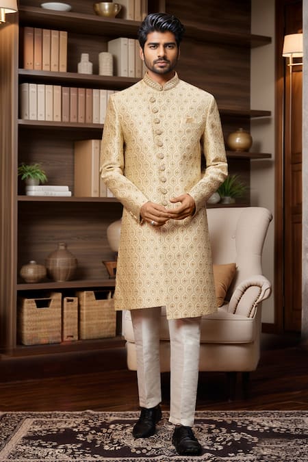 Arihant Rai Sinha_Beige Jacquard, Silk Beads, Embroidery Geometric Jaal Sherwani And Aligadhi Pant _Online_at_Aza_Fashions