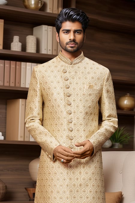 Buy_Arihant Rai Sinha_Beige Jacquard, Silk Beads, Embroidery Geometric Jaal Sherwani And Aligadhi Pant _Online_at_Aza_Fashions
