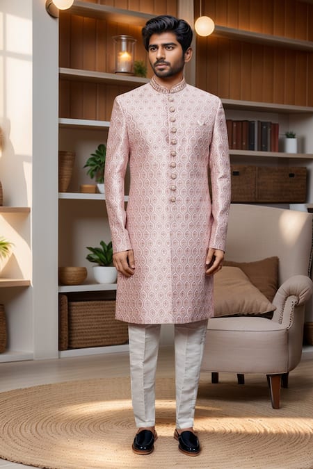 Arihant Rai Sinha_Pink Jacquard, Silk Beads, Embroidery Geometric Jaal Pattern Sherwani And Pant Set _Online_at_Aza_Fashions