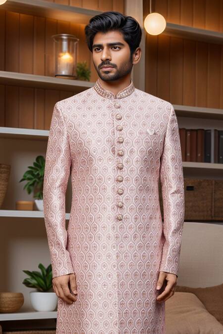 Buy_Arihant Rai Sinha_Pink Jacquard, Silk Beads, Embroidery Geometric Jaal Pattern Sherwani And Pant Set _Online_at_Aza_Fashions