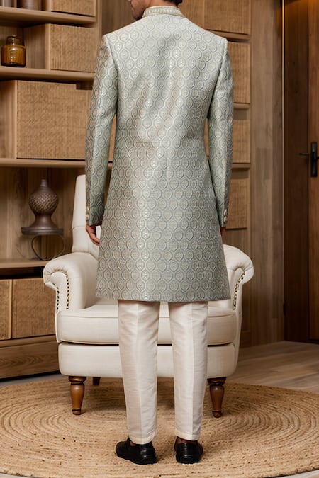 Shop_Arihant Rai Sinha_Gray Jacquard, Faux Leather, Silk Geometric Trellis Sherwani And Aligadhi Pant _at_Aza_Fashions