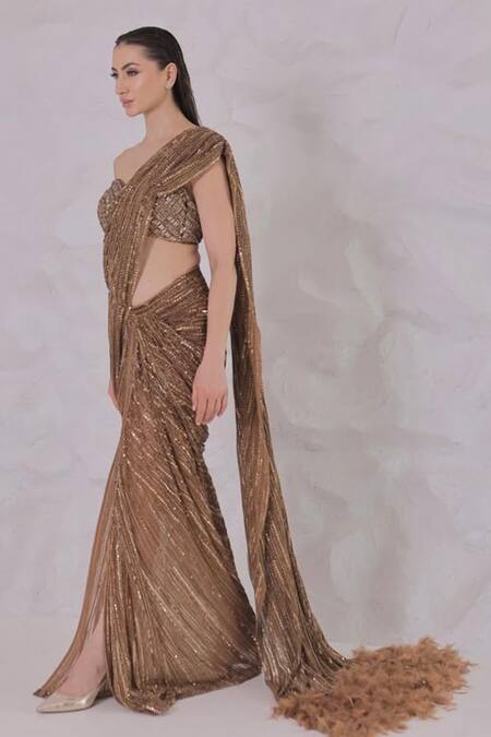Buy_Kaynaat By Aanchal Sawhney_Brown Net Cut Work, Sequins, Crystals, Feathers Embellished Pre-draped Saree Set _Online_at_Aza_Fashions