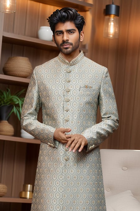 Arihant Rai Sinha_Gray Jacquard, Faux Leather, Silk Geometric Trellis Sherwani And Aligadhi Pant _Online_at_Aza_Fashions