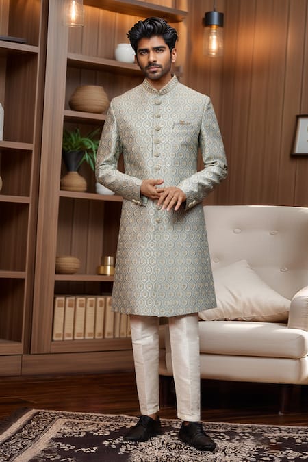 Buy_Arihant Rai Sinha_Gray Jacquard, Faux Leather, Silk Geometric Trellis Sherwani And Aligadhi Pant _Online_at_Aza_Fashions