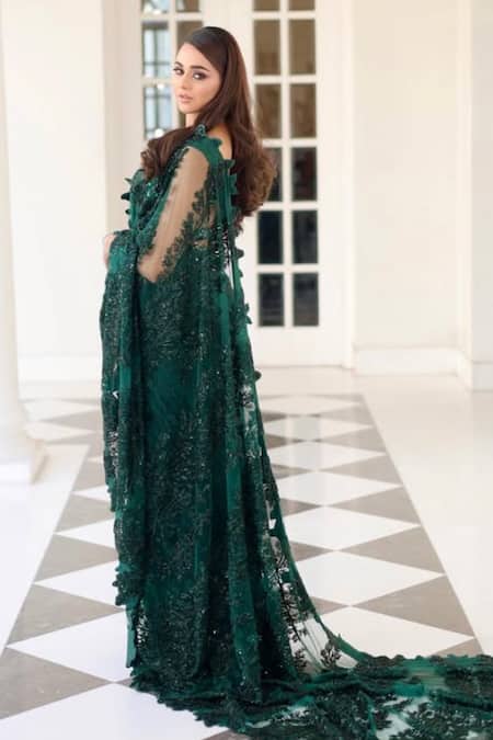 Kaynaat By Aanchal Sawhney Cutdana Embellished Green Pre-Draped Saree 