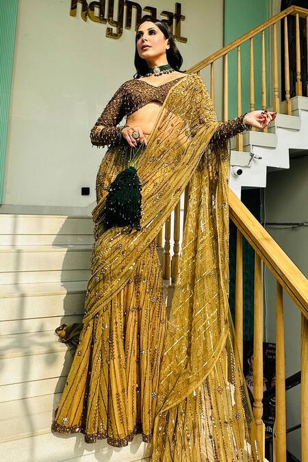 Buy_Kaynaat By Aanchal Sawhney_Gold Net Cut Work, Sequins, Beads Vine Cutdana Embellished Pre-draped Saree _Online_at_Aza_Fashions