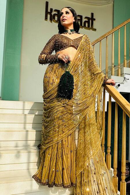 Shop_Kaynaat By Aanchal Sawhney_Gold Net Cut Work, Sequins, Beads Vine Cutdana Embellished Pre-draped Saree _Online_at_Aza_Fashions