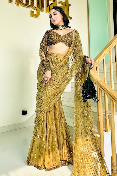 Shop_Kaynaat By Aanchal Sawhney_Gold Net Cut Work, Sequins, Beads Vine Cutdana Embellished Pre-draped Saree _at_Aza_Fashions