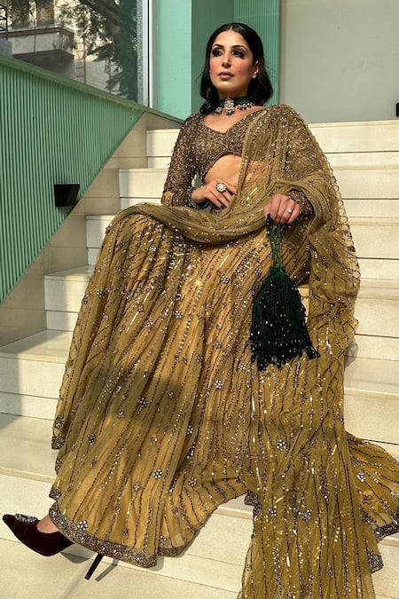 Kaynaat By Aanchal Sawhney_Gold Net Cut Work, Sequins, Beads Vine Cutdana Embellished Pre-draped Saree _at_Aza_Fashions