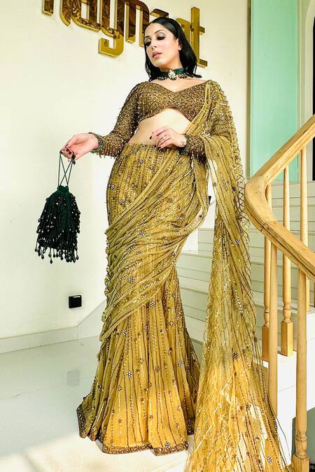 Buy_Kaynaat By Aanchal Sawhney_Gold Net Cut Work, Sequins, Beads Vine Cutdana Embellished Pre-draped Saree 