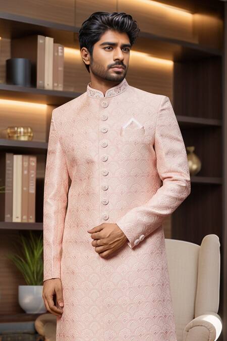 Arihant Rai Sinha Peach Jacquard, Silk Embroidery Scallop Jaal Sherwani And Aligadhi Pant Online at Aza Fashions Arihant Rai Sinha_Peach Jacquard, Silk Embroidery Scallop Jaal Sherwani And Aligadhi Pant _Online_at_Aza_Fashions