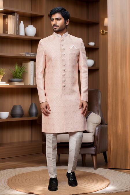 Buy Arihant Rai Sinha Peach Jacquard, Silk Embroidery Scallop Jaal Sherwani And Aligadhi Pant Online at Aza Fashions Buy_Arihant Rai Sinha_Peach Jacquard, Silk Embroidery Scallop Jaal Sherwani And Aligadhi Pant _Online_at_Aza_Fashions