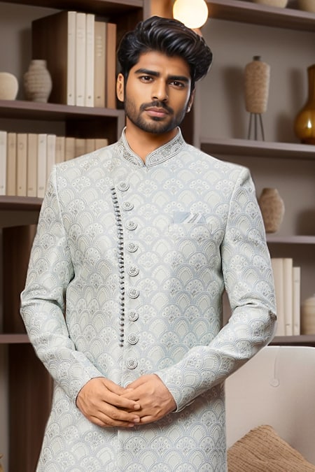 Arihant Rai Sinha Sky Blue Jacquard, Silk Embroidery Scallop Floral Jaal Sherwani And Aligadhi Pant Online at Aza Fashions Arihant Rai Sinha_Sky Blue Jacquard, Silk Embroidery Scallop Floral Jaal Sherwani And Aligadhi Pant _Online_at_Aza_Fashions