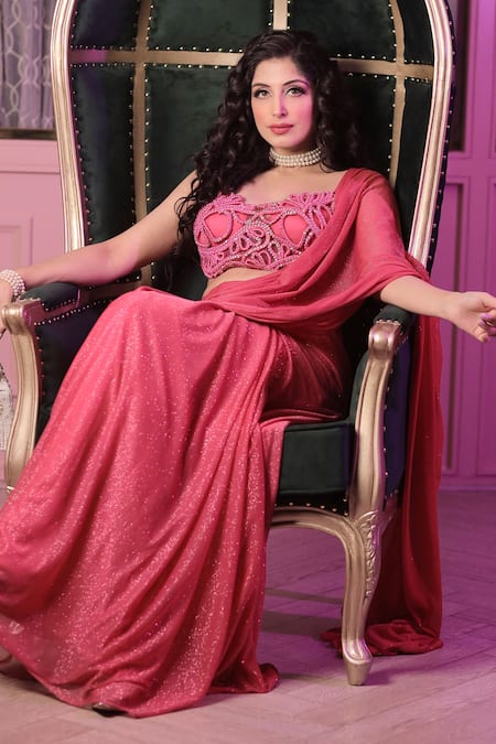 Shop_Kaynaat By Aanchal Sawhney_Pink Net Crystals, Sequins, Beads, Stones Shimmer Pre-draped Saree And Blouse Set _Online_at_Aza_Fashions