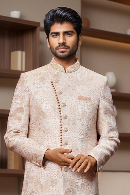 Arihant Rai Sinha_Beige Jacquard, Silk Embroidery Floral Paisley Sherwani And Aligadhi Pant _Online_at_Aza_Fashions
