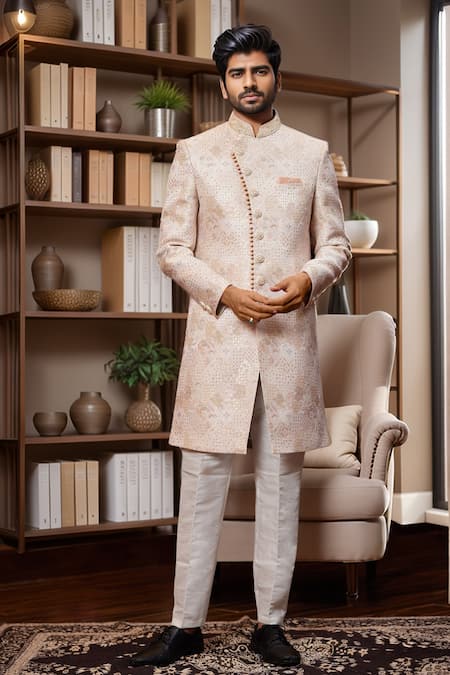 Buy_Arihant Rai Sinha_Beige Jacquard, Silk Embroidery Floral Paisley Sherwani And Aligadhi Pant _Online_at_Aza_Fashions