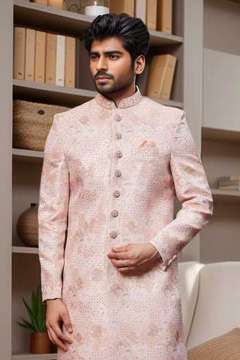 Arihant Rai Sinha Cream Jacquard, Silk Embroidery Floral Paisley Sherwani And Aligadhi Pant Online at Aza Fashions Arihant Rai Sinha_Cream Jacquard, Silk Embroidery Floral Paisley Sherwani And Aligadhi Pant _Online_at_Aza_Fashions