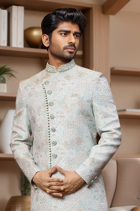 Arihant Rai Sinha Blue Jacquard, Silk Embroidery Floral Paisley Sherwani With Aligadhi Pant Online at Aza Fashions Arihant Rai Sinha_Blue Jacquard, Silk Embroidery Floral Paisley Sherwani With Aligadhi Pant _Online_at_Aza_Fashions