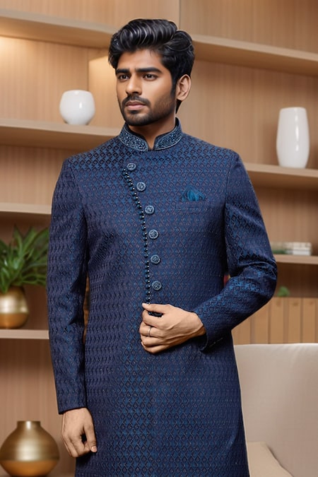 Arihant Rai Sinha_Blue Jacquard, Silk Quatrefoil Jaal Sherwani And Aligadhi Pant _Online_at_Aza_Fashions