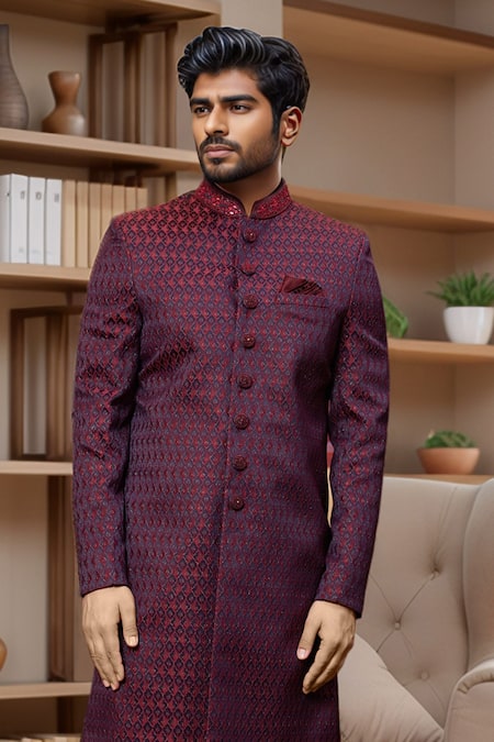 Buy_Arihant Rai Sinha_Maroon Jacquard, Faux Leather, Silk Quatrefoil Pattern Sherwani And Aligadhi Pant _Online_at_Aza_Fashions