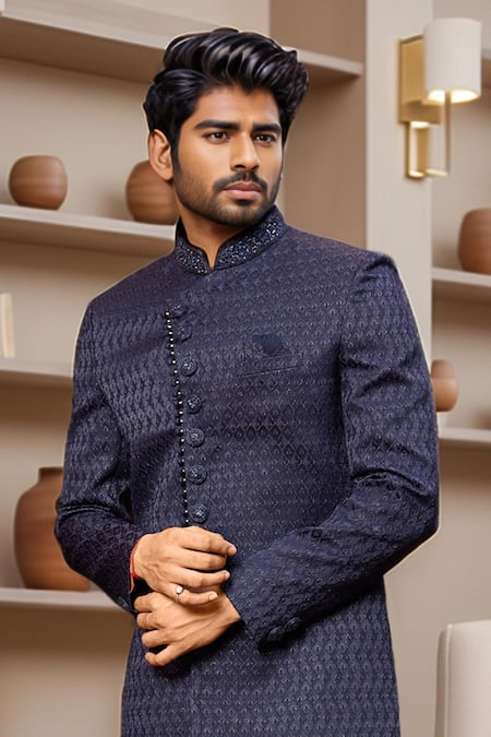 Arihant Rai Sinha_Blue Jacquard, Faux Leather, Silk Navy Geometric Jaal Sherwani And Pant _Online_at_Aza_Fashions