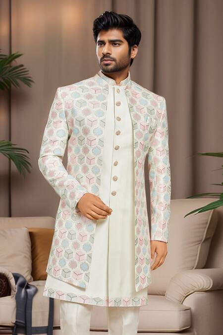 Arihant Rai Sinha_Off White Silk, Faux Leather Sequins, Embroidery Sherwani Kurta Set _Online_at_Aza_Fashions