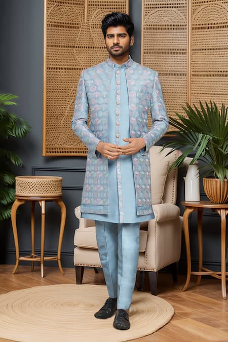 Arihant Rai Sinha_Blue Silk, Polyester, Faux Leather Sequins, Geometric Sherwani Kurta Set _Online_at_Aza_Fashions