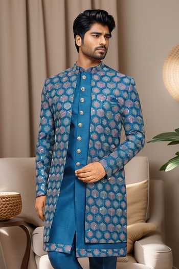 Arihant Rai Sinha Blue Silk Sequins, Embroidery Geometric Sherwani Kurta Set Online at Aza Fashions Arihant Rai Sinha_Blue Silk Sequins, Embroidery Geometric Sherwani Kurta Set _Online_at_Aza_Fashions