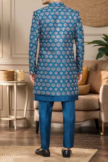 Shop Arihant Rai Sinha Blue Silk Sequins, Embroidery Geometric Sherwani Kurta Set at Aza Fashions Shop_Arihant Rai Sinha_Blue Silk Sequins, Embroidery Geometric Sherwani Kurta Set _at_Aza_Fashions