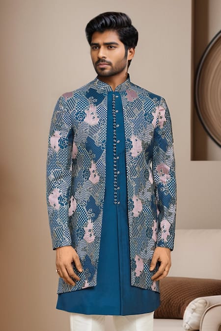 Arihant Rai Sinha_Cream Denim, Silk Sequins, Embroidery Abstract Sherwani With Pant _Online_at_Aza_Fashions