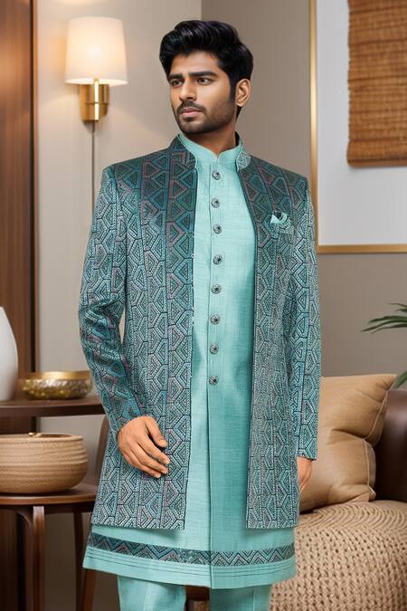 Arihant Rai Sinha_Blue Silk Sequins, Embroidery Geometric Sherwani Set _Online_at_Aza_Fashions