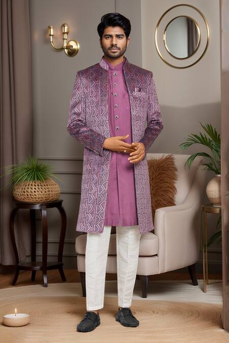 Arihant Rai Sinha_Purple Silk, Denim Sequins, Embroidery Geometric Sherwani Set_Online_at_Aza_Fashions