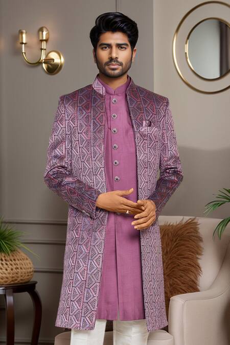 Buy_Arihant Rai Sinha_Purple Silk, Denim Sequins, Embroidery Geometric Sherwani Set_Online_at_Aza_Fashions
