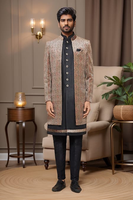 Arihant Rai Sinha_Black Silk, Denim Sequins, Embroidery Multicolored Thread And Sherwani Set _Online_at_Aza_Fashions