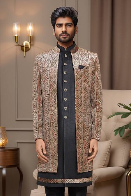 Buy_Arihant Rai Sinha_Black Silk, Denim Sequins, Embroidery Multicolored Thread And Sherwani Set _Online_at_Aza_Fashions
