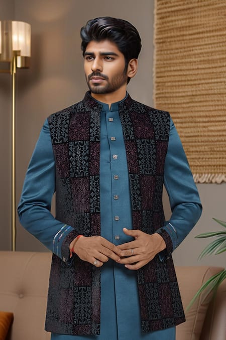 Arihant Rai Sinha_Blue Silk, Polyester Sequins, Embroidery Nehru Jacket Set _Online_at_Aza_Fashions