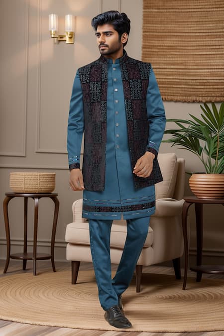 Buy_Arihant Rai Sinha_Blue Silk, Polyester Sequins, Embroidery Nehru Jacket Set _Online_at_Aza_Fashions