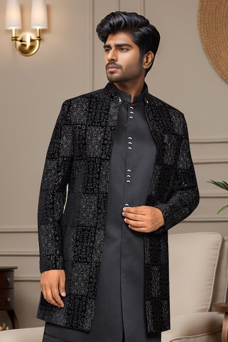 Arihant Rai Sinha Black Silk, Denim Sequins, Embroidery Nehru Jacket Kurta Set Online at Aza Fashions Arihant Rai Sinha_Black Silk, Denim Sequins, Embroidery Nehru Jacket Kurta Set _Online_at_Aza_Fashions