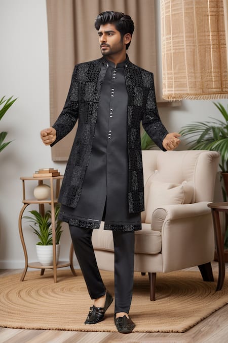 Buy Arihant Rai Sinha Black Silk, Denim Sequins, Embroidery Nehru Jacket Kurta Set Online at Aza Fashions Buy_Arihant Rai Sinha_Black Silk, Denim Sequins, Embroidery Nehru Jacket Kurta Set _Online_at_Aza_Fashions