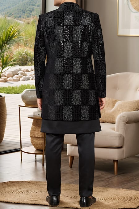 Shop Arihant Rai Sinha Black Silk, Denim Sequins, Embroidery Nehru Jacket Kurta Set at Aza Fashions Shop_Arihant Rai Sinha_Black Silk, Denim Sequins, Embroidery Nehru Jacket Kurta Set _at_Aza_Fashions