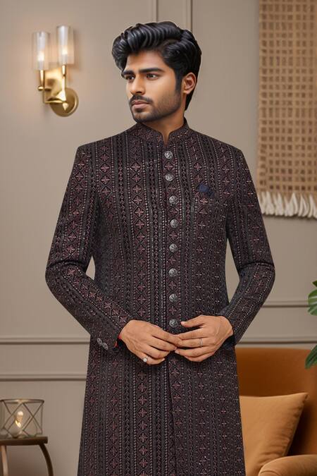 Arihant Rai Sinha_White Silk Embroidery Thread Work Sherwani Set _Online_at_Aza_Fashions
