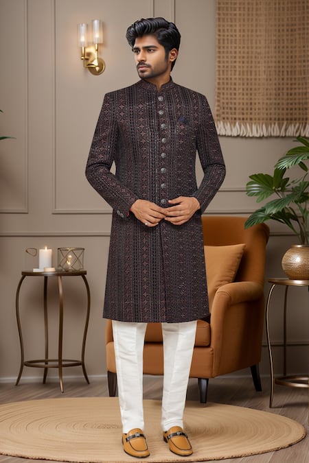Buy_Arihant Rai Sinha_White Silk Embroidery Thread Work Sherwani Set _Online_at_Aza_Fashions