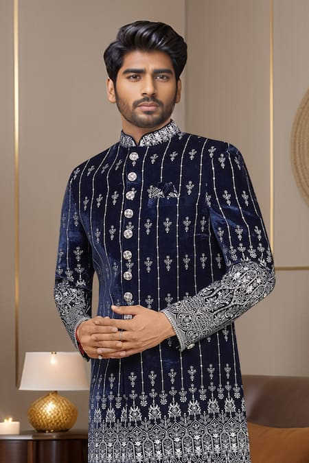 Arihant Rai Sinha_White Denim, Silk Embroidery Blue Sherwani And Pant Set _Online_at_Aza_Fashions