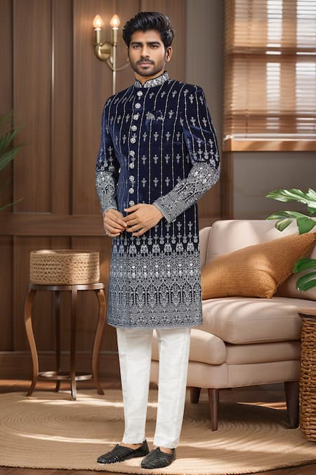 Buy_Arihant Rai Sinha_White Denim, Silk Embroidery Blue Sherwani And Pant Set _Online_at_Aza_Fashions