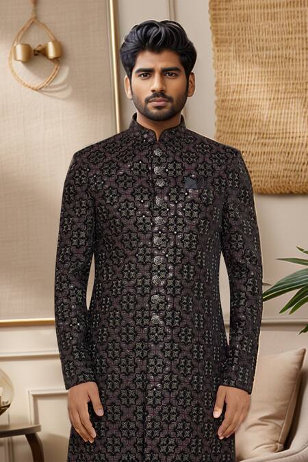 Arihant Rai Sinha_Wine Silk Embroidery Sherwani Set _Online_at_Aza_Fashions