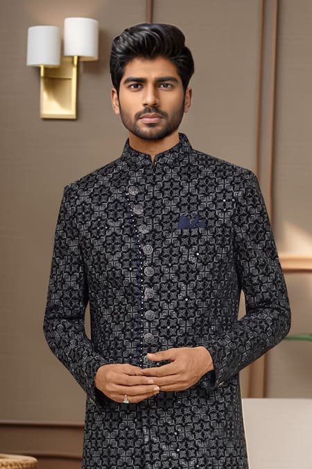 Arihant Rai Sinha_Blue Denim, Silk Embroidery, Sequins Navy Thread Sherwani Set _Online_at_Aza_Fashions