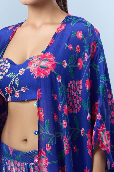 Archana Shah_Blue Sequins, Beads Sweetheart Neck Floral Print Cape Sharara Set _Online_at_Aza_Fashions
